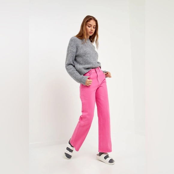GREY LAB Jeans Women’s Size Large Pink Bright Denim Straight Wide Leg High Rise - Picture 6 of 14